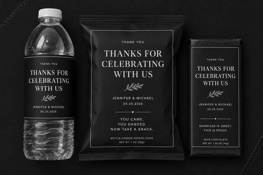 Jennifer Michael black white wedding branded chip bag water bottle chocolate