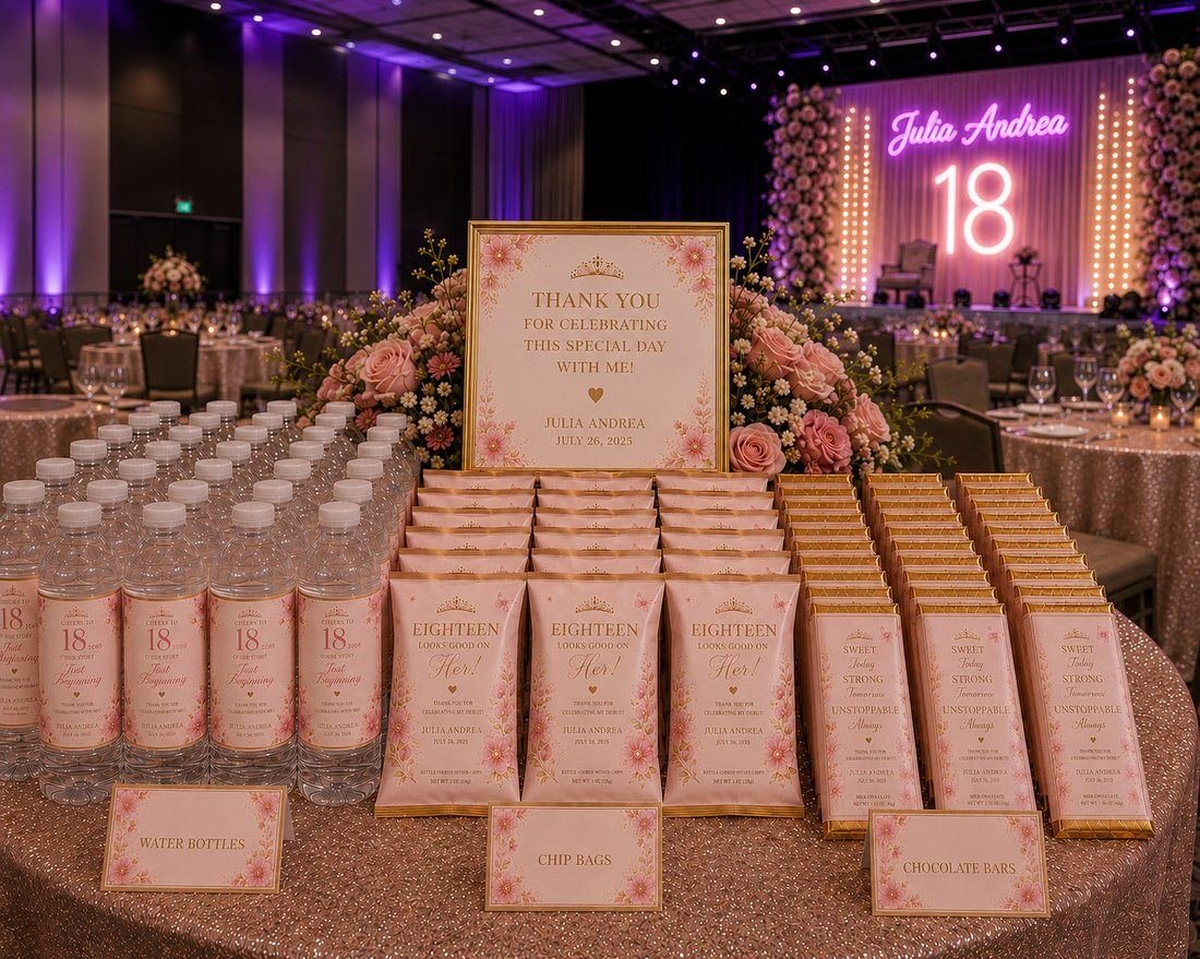 Julia Andrea 18th debut custom branded prizes table setting Winnipeg
