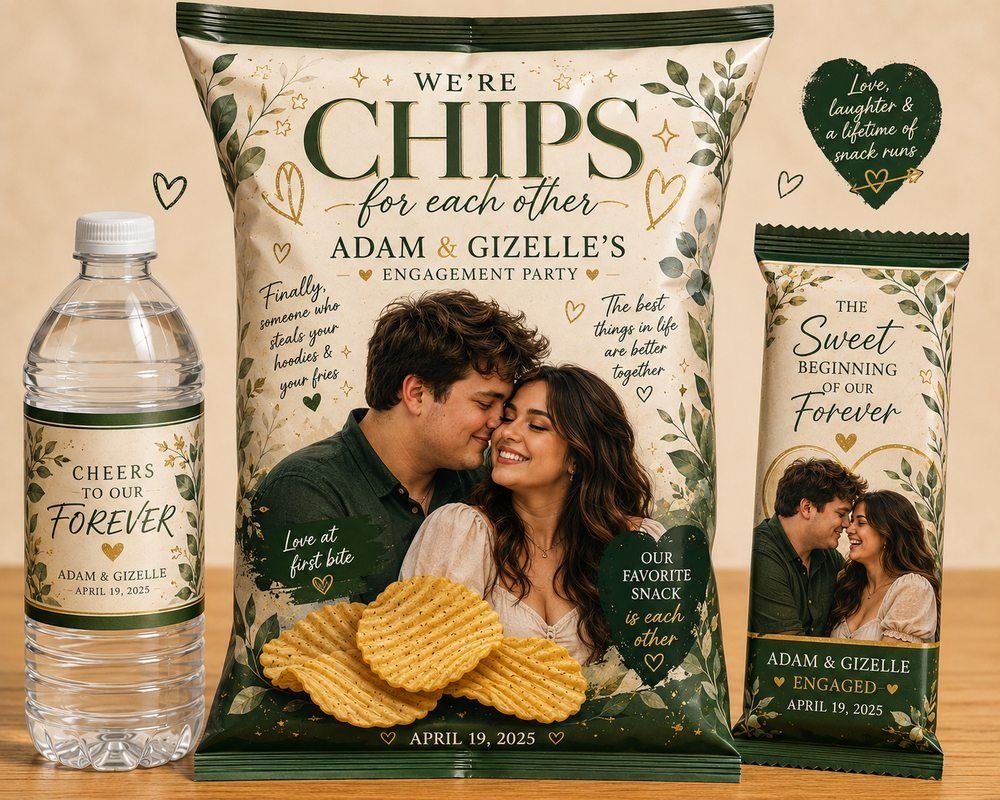 Adam Gizelle engagement party custom branded chip bags water bottle Partyology