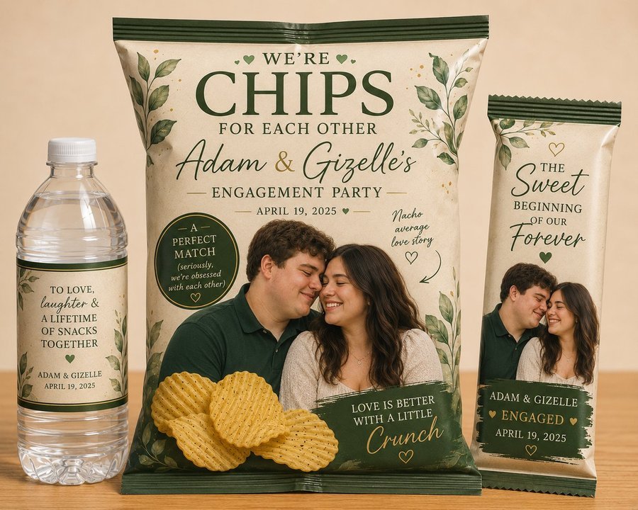 Adam Gizelle engagement party custom branded prizes chip bag water bottle chocolate Partyology