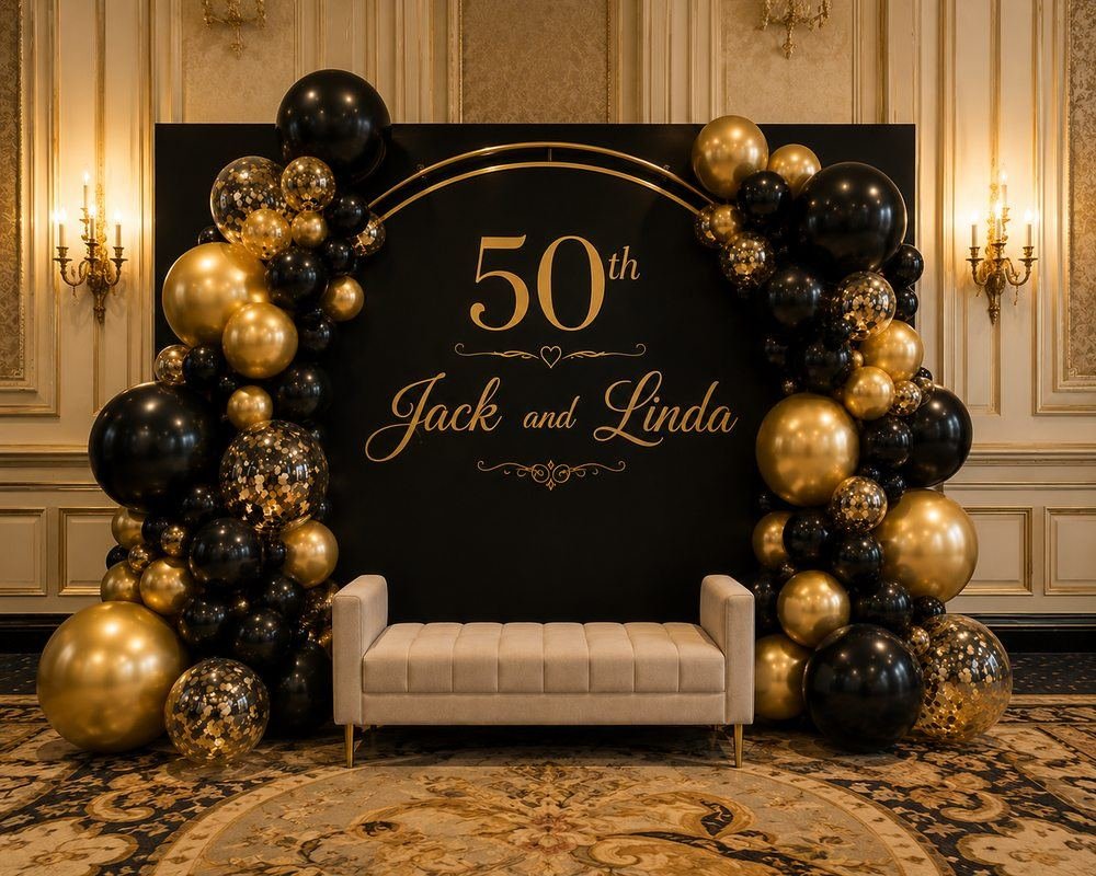 Jack Linda 50th anniversary black gold balloon arch installation Partyology
