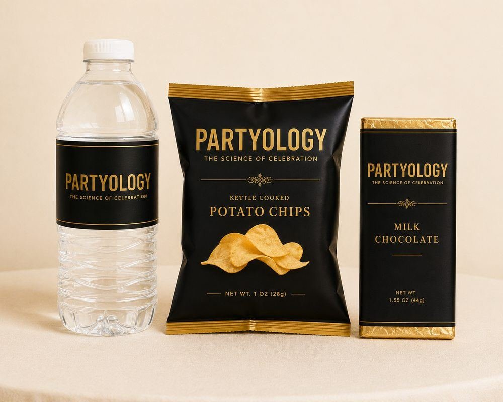 Partyology branded prize set water bottle chip bag chocolate