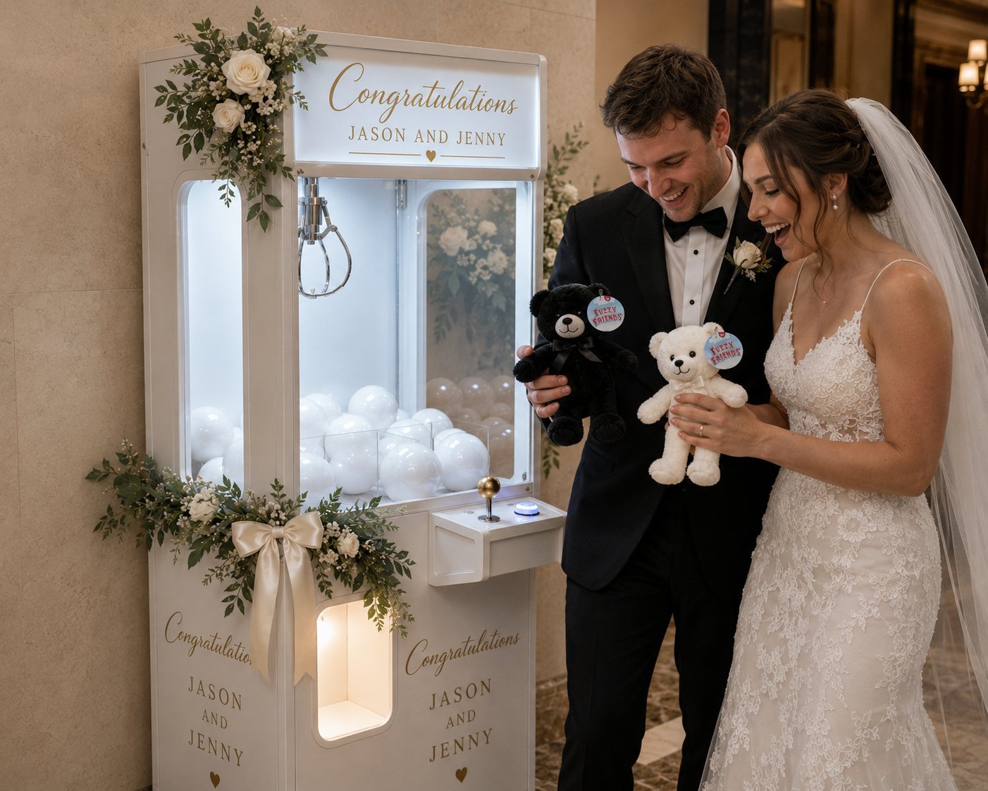 Wedding couple with custom claw machine Partyology Inc